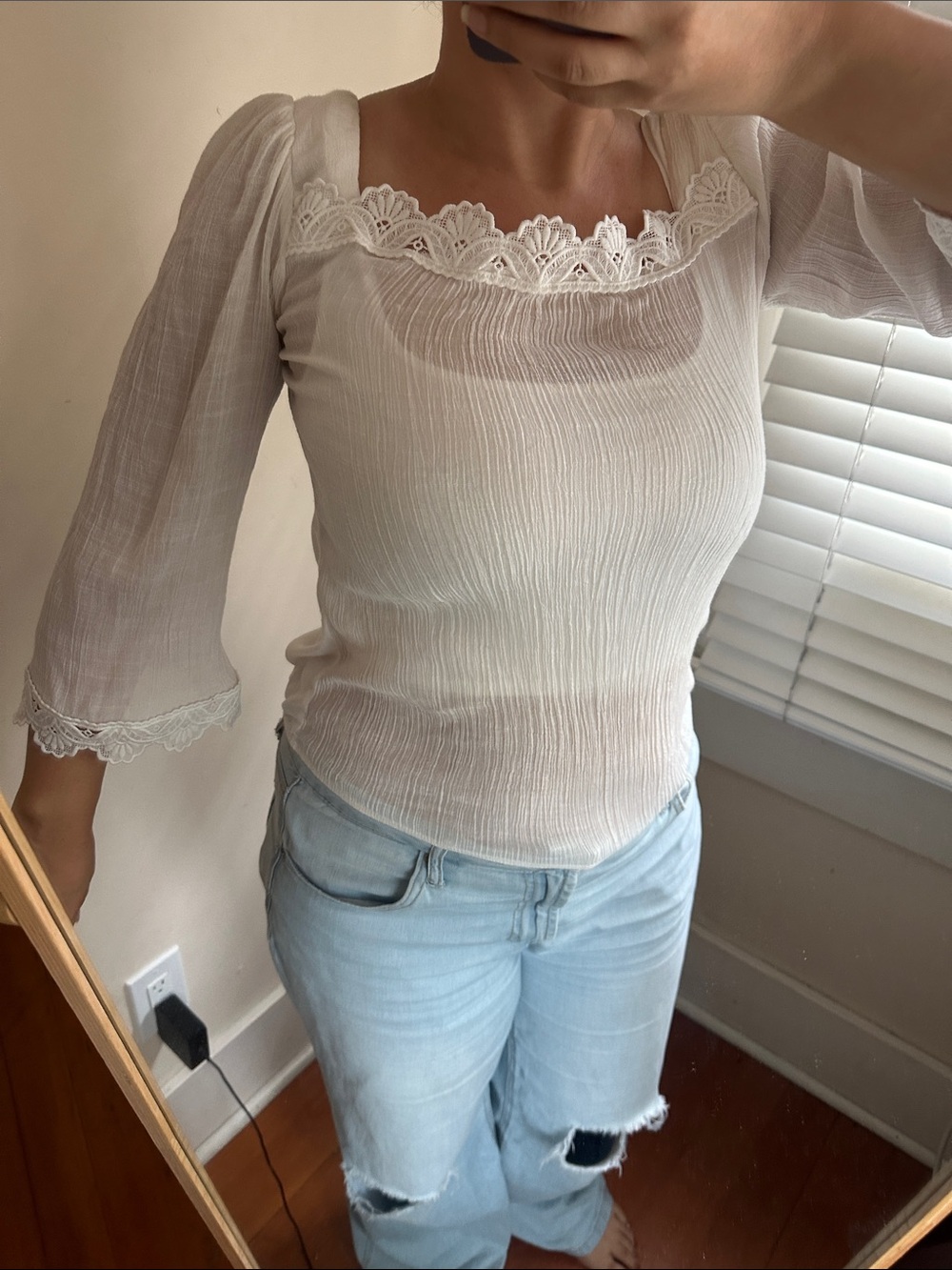 White Lace-Trim Peasant Boho Blouse Square Neck Bell Sleeve Elastic Bottom